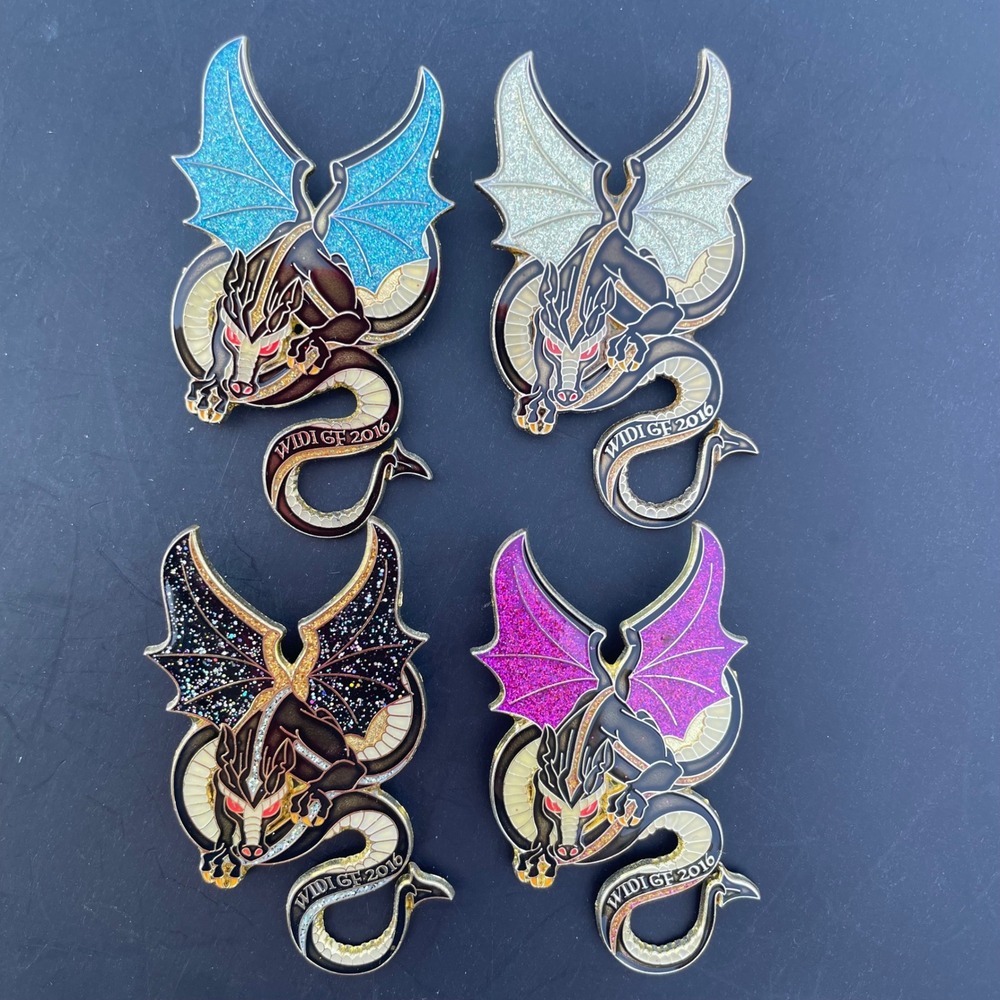 Wisconsin Destination Imagination 2016 Dragon Glitter Enamel Lapel Pin Set 4pc